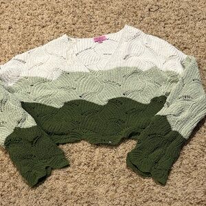 Francesca's Collections Green and White V-Neck Sweater